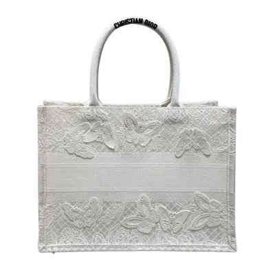 Dior Medium Dior Book Tote White D-Lace Butterfly Embroidery with Macramé