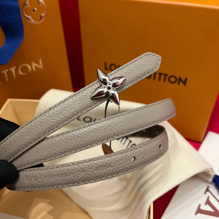 Louis Vuitton Women's Mini Flowergram Reversible Belt In Grey Calfskin And Monogram Canvas With Gold/Silver/Pink/Black Hardware 15mm