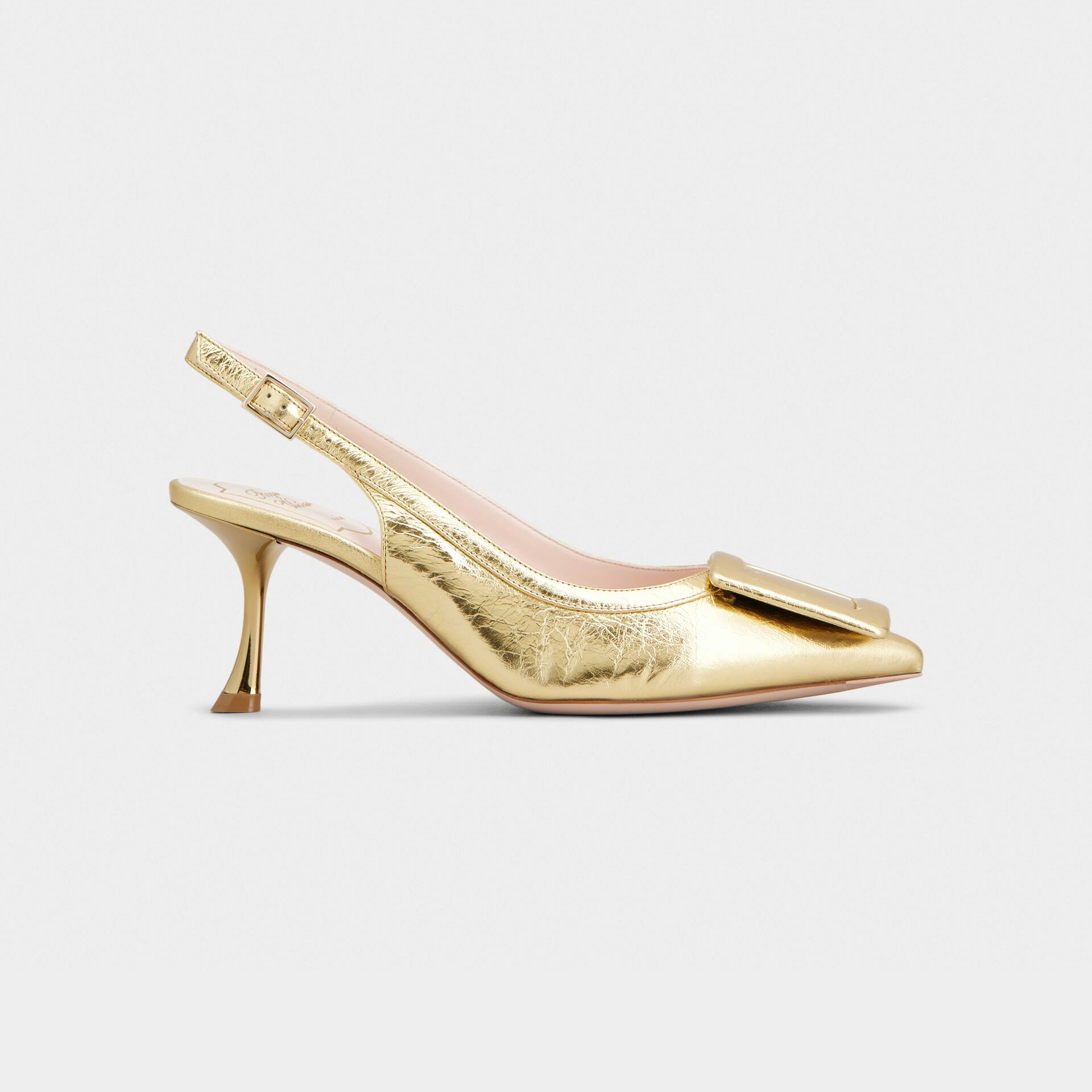 Roger Vivier Viv' In The City Slingback Pumps Salto Alto Em Couro Dourado Com Fivela Coberta (Altura do Salto 6,5cm)