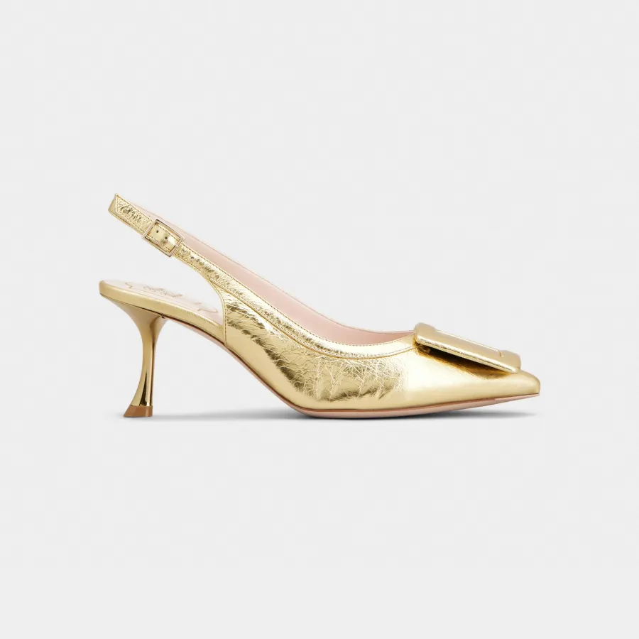 Roger Vivier Viv' In The City Slingback Pumps High Heels In Gold Leather With Covered Buckle (Heel Height 6.5cm)