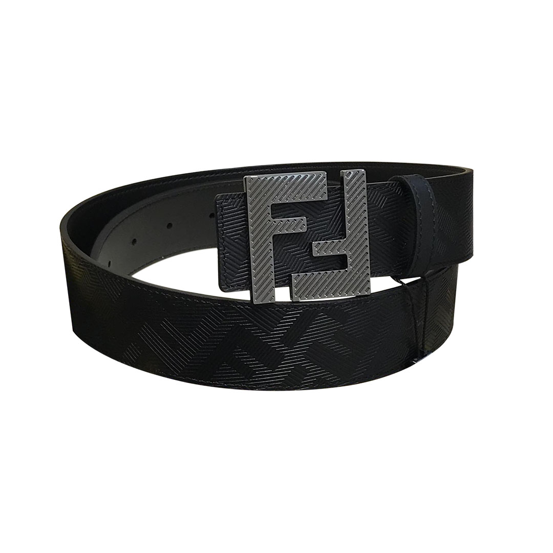 Cinto Fendi Masculino com Fivela FF em Couro Bezerro Relevo F Preto com Ferragens Preto Fosco 38mm