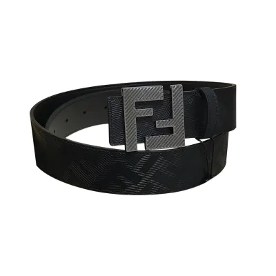 Fendi Men's FF Buckle Belt In Black F Embossed Calfskin With Gun Black Hardware 38mm