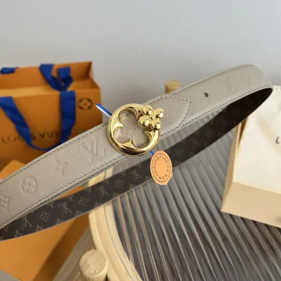 Louis Vuitton Women's Flowergram Round Buckle Reversible Belt In Black/White/Brown Calfskin And Monogram Canvas With Gold Hardware 30mm