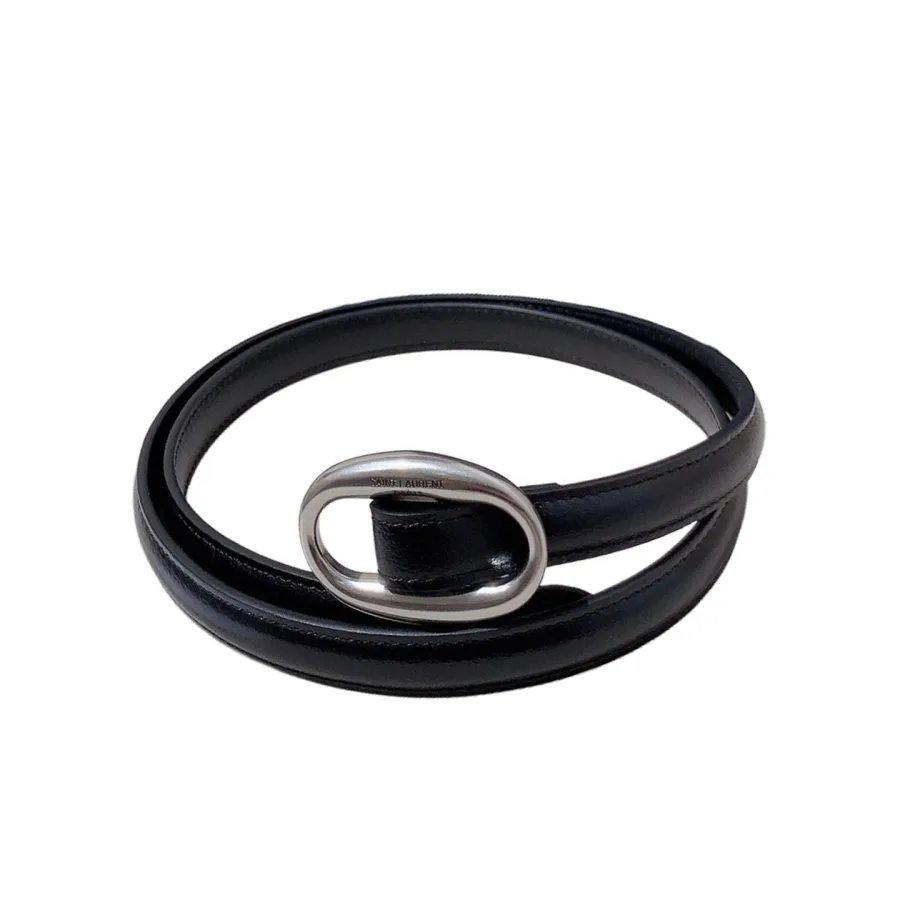Saint Laurent Oval Buckle Thin Belt In Black Calfskin With Gold/Silver Hardware 15mm
