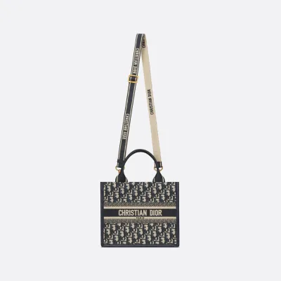Dior Small Dior Book Tote In Blue Dior Oblique Embroidery Canvas and Calfskin Gold Hardware