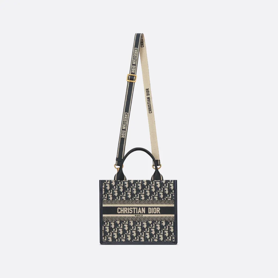 Dior Small Dior Book Tote In Blue Dior Oblique Embroidery Canvas and Calfskin Gold Hardware