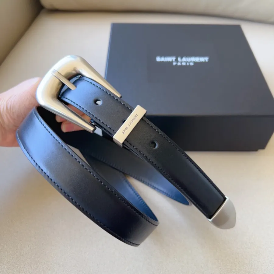 Saint Laurent Folk Buckle Belt In Black/White/Brown Smooth Leather With Gold/Silver Hardware 25mm