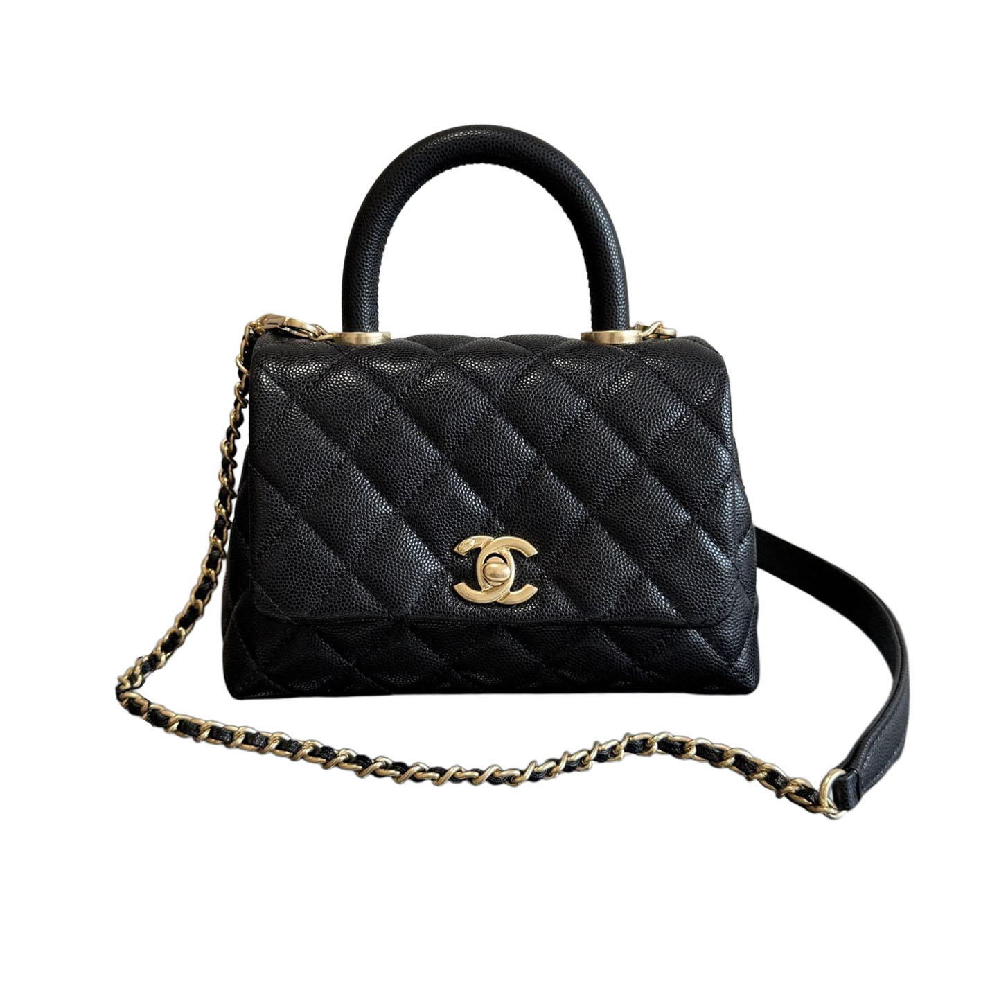Chanel Coco Handle Preto 19cm / 24cm Bolsas de Couro Caviar Matelassê Transversal com Alça Superior