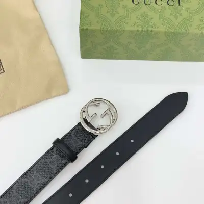 Gucci Women's Round GG Buckle Marmont Reversible Belt In Black/Brown Calfskin And Beige/Black Monogram Cavans With Gold/Silver Hardware 30mm