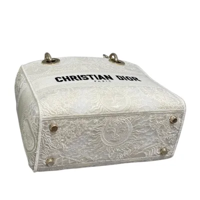 Dior Medium Lady D-Lite In White/Black Lace Embroidered Canvas Gold Hardware