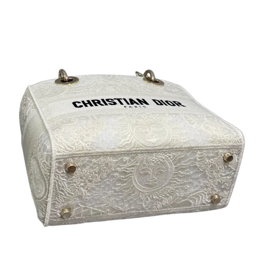 Dior Medium Lady D-Lite In White/Black Lace Embroidered Canvas Gold Hardware