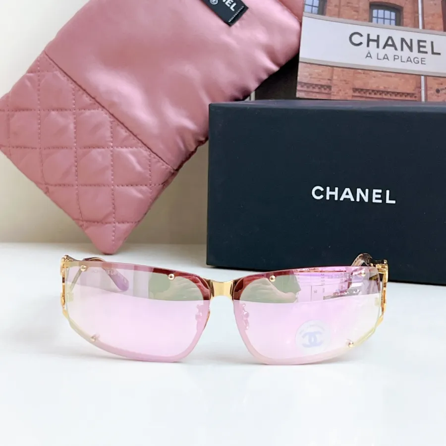 CHANEL square frame glasses pink gold color size 64-11-120