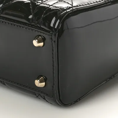 Dior Mini Lady Dior Black Patent Cannage Calfskin Leather Gold Hardware
