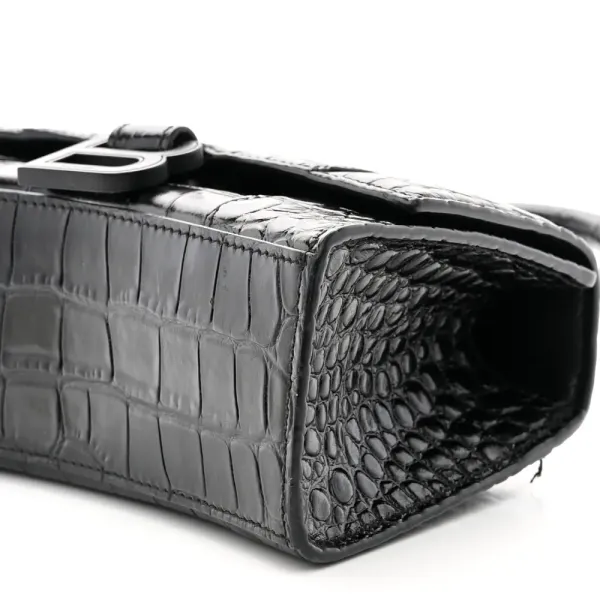 Balenciaga XS Hourglass Top Handle Bag Black Monochrome Crocodile Embossed Shiny Calfskin Leather Black Hardware - Image 4