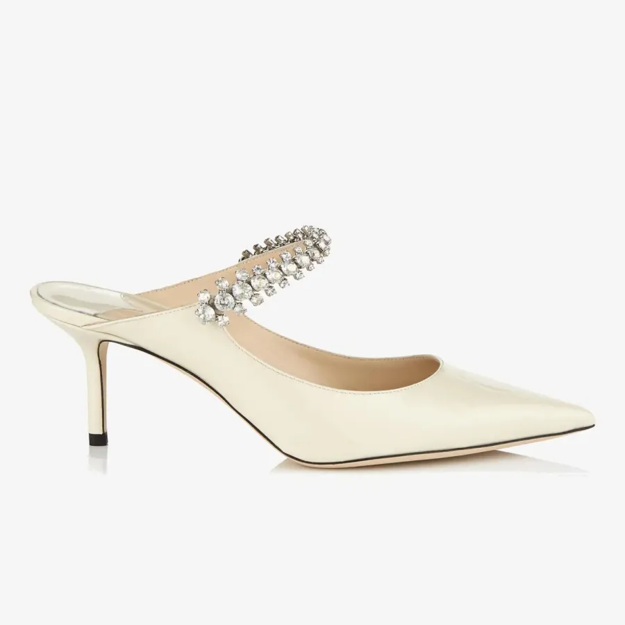JIMMY CHOO Linen-colored patent leather crystal strap Moeller shoes