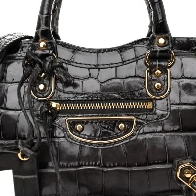 Balenciaga Nano City Bag Dark Grey Crocodile Embossed Calfskin Leather Gold Hardware
