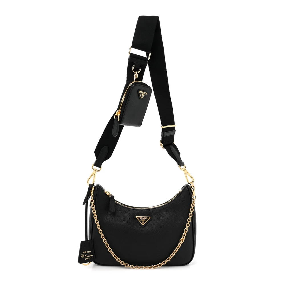 Prada Medium Re-Edition 2005 Bolsa de Ombro Preta em Couro Saffiano Lux com Hardware Prateado