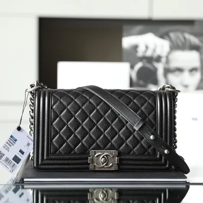 Chanel Lleboy Black Quilted Shiny Calfskin Leather / Quilted Caviar Leather Shoulder Bags Crossbody Bags