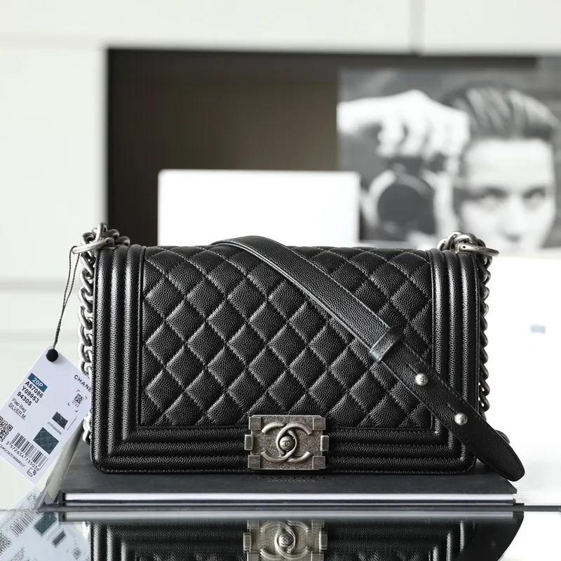 Chanel Lleboy Black Quilted Shiny Calfskin Leather / Quilted Caviar Leather Shoulder Bags Crossbody Bags