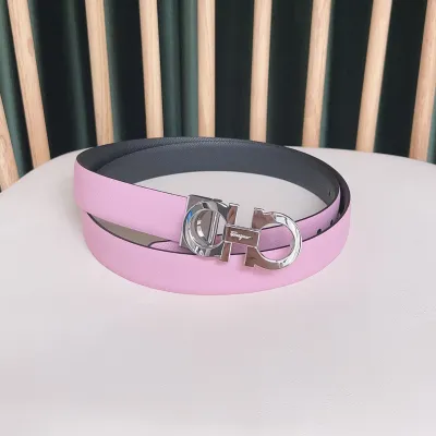 Ferragamo Women's Reversible Double Gancini Belt In Pink/Blue/Pale Pink Calfskin With Gold/Silver Hardware 25mm