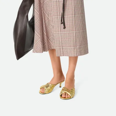 Bottega Veneta Blink Mule In Gold Intrecciato Leather Kitten Heel Mule (Heel Height 4.5cm)