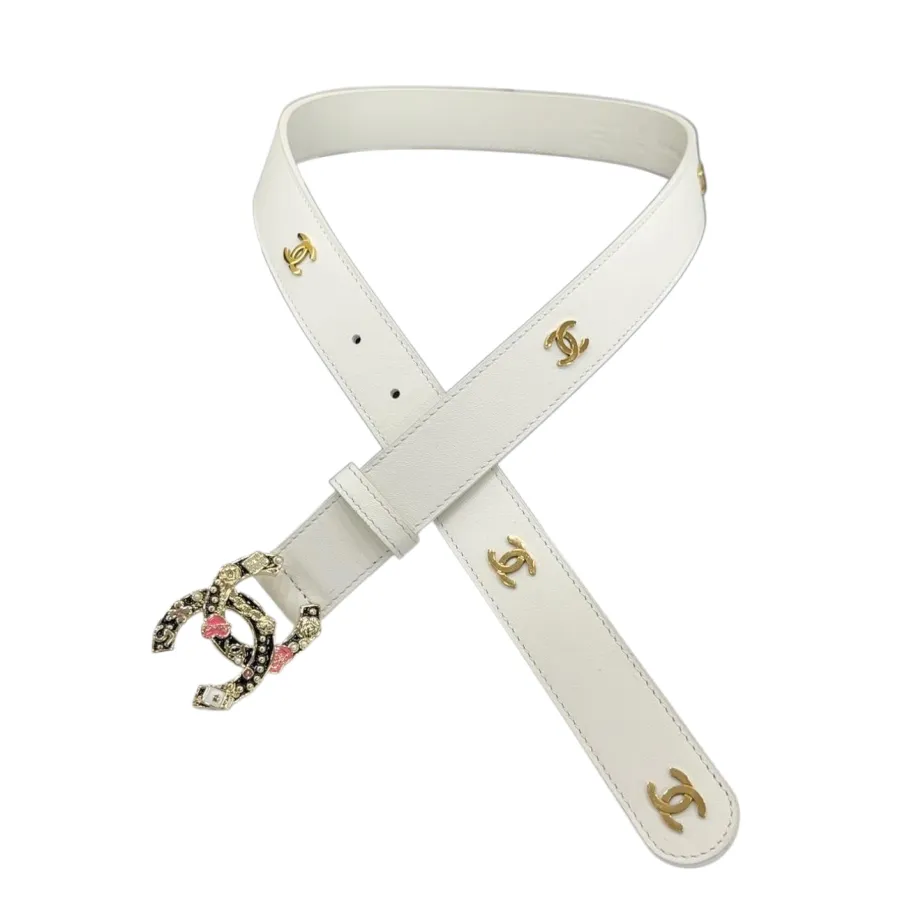 Chanel Women's Decorative CC Buckle Belt In White/Black/Red/Burgundy Calfskin With Gold Hardware 30mm