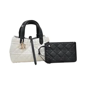 Dior Small Dior Toujours Bag In White And Black Macrocannage Calfskin With Light Gold Hardware