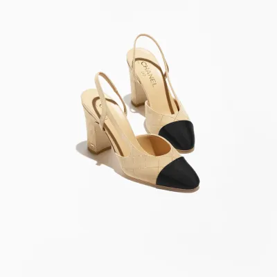 Chanel, Beige, gold and black，Suede, sheep leather and grosgrain, Rear lace up high heels High Heels Sandal