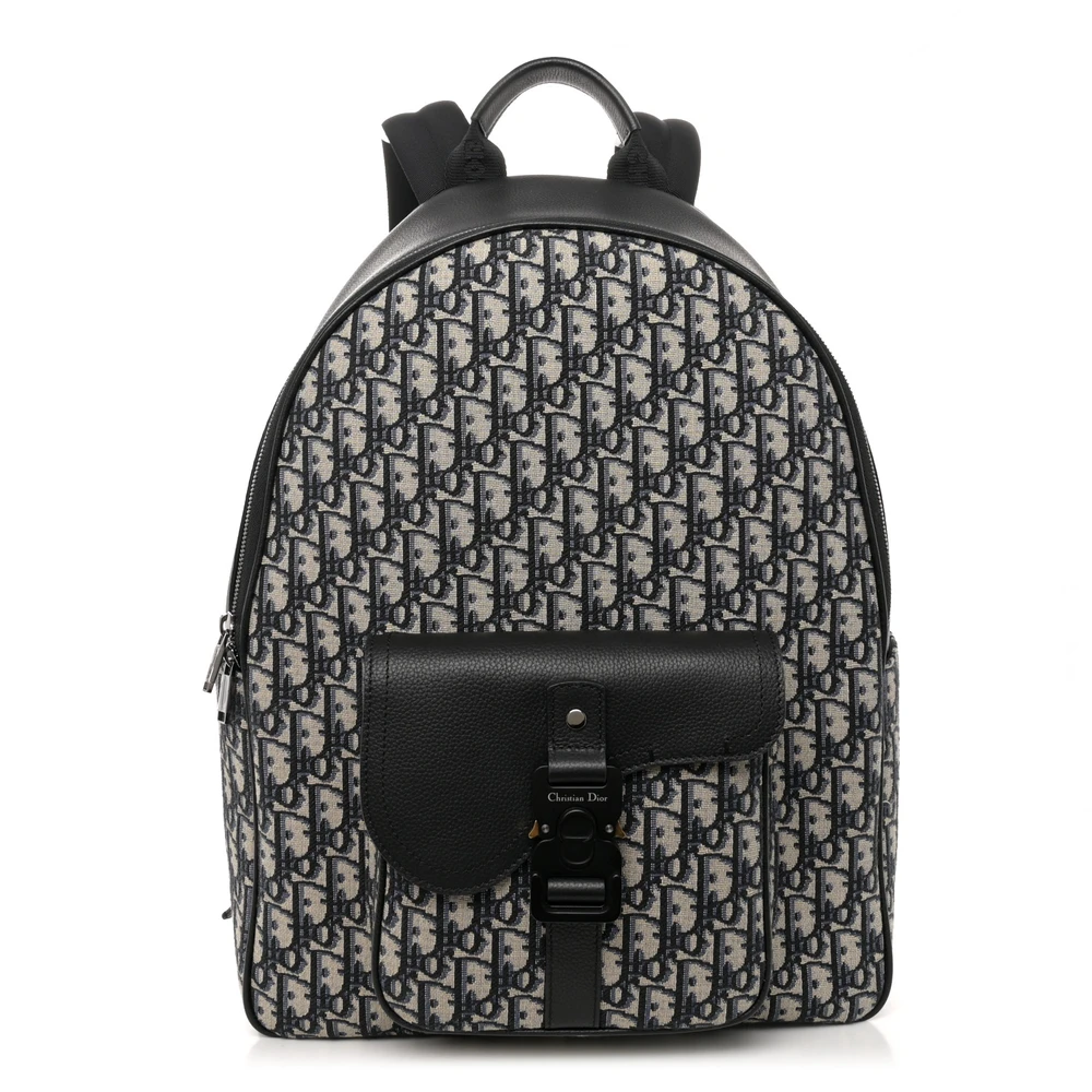 Dior Mochila Grande Saddle Zip Backpack Preto Tela Oblique e Couro Bezerro Acetinado Hardware Prateado