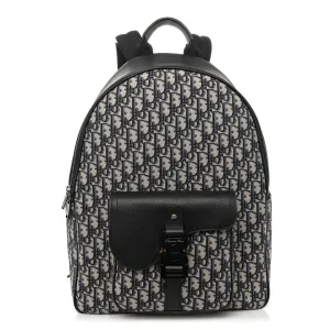 Dior Large Saddle Zip Backpack Black Oblique Canvas & Grained Calfskin Leather Silver Hardware