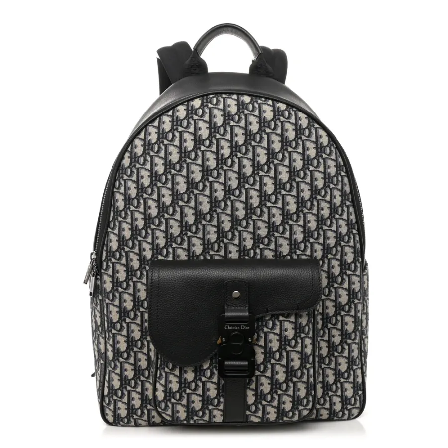 Dior Large Saddle Zip Backpack Black Oblique Canvas & Grained Calfskin Leather Silver Hardware