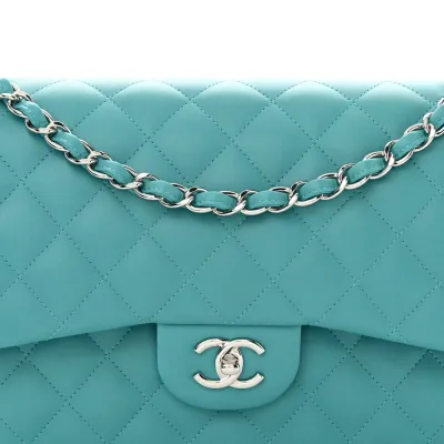 Chanel Double Flap Jumbo Turquoise Quilted Lambskin Leather Silver Hardware