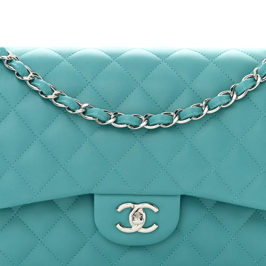 Chanel Double Flap Jumbo Turquoise Quilted Lambskin Leather Silver Hardware