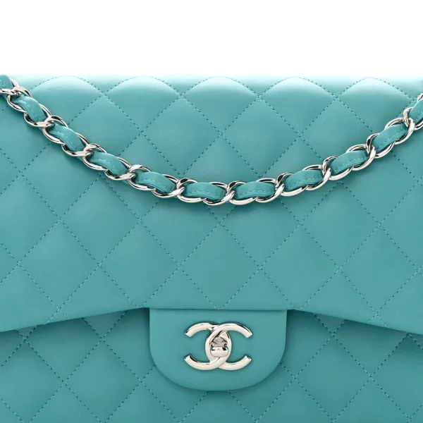 Chanel Double Flap Jumbo Turquoise Quilted Lambskin Leather Silver Hardware - Image 8