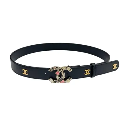 Chanel Women's Decorative CC Buckle Belt In White/Black/Red/Burgundy Calfskin With Gold Hardware 30mm