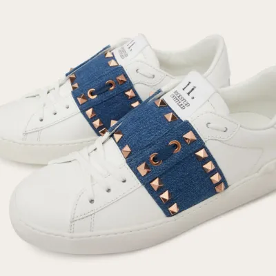 VALENTINO Women's studded denim trim calfskin sneakers