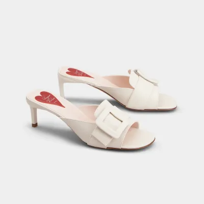 Roger Vivier Viv' Canard Mules Sandals In White Leather With Lacquered Metal Buckle (Heel Height 5.5cm)