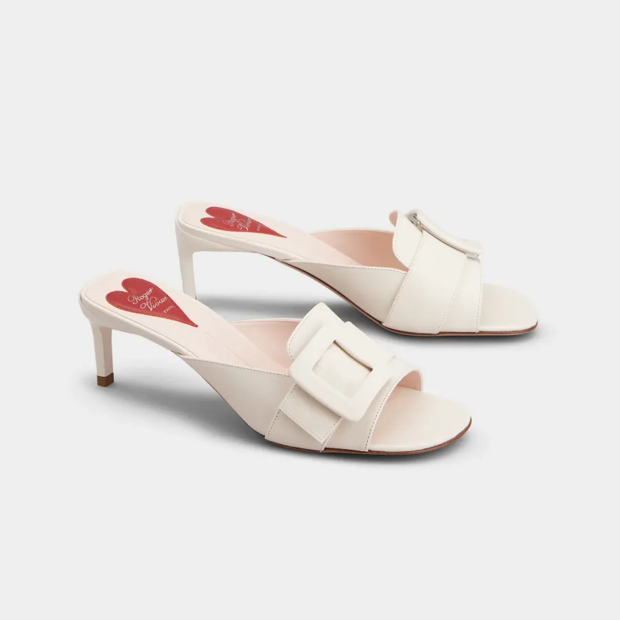 Roger Vivier Viv' Canard Mules Sandals In White Leather With Lacquered Metal Buckle (Heel Height 5.5cm)
