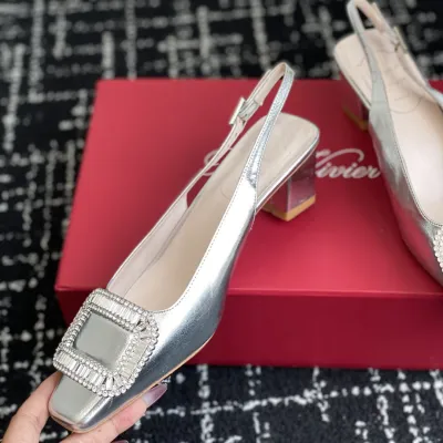 Roger Vivier Belle Viver Slingback Pumps High Heels In Silver Calfskin Leather With Crystal Buckle (Heel Height 4.5cm)