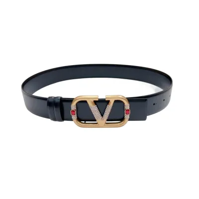Valentino V Buckle With Crystal And Green/Red/Black/Yellow Gem Belt In Black Calfskin With Gold Hardware 40mm