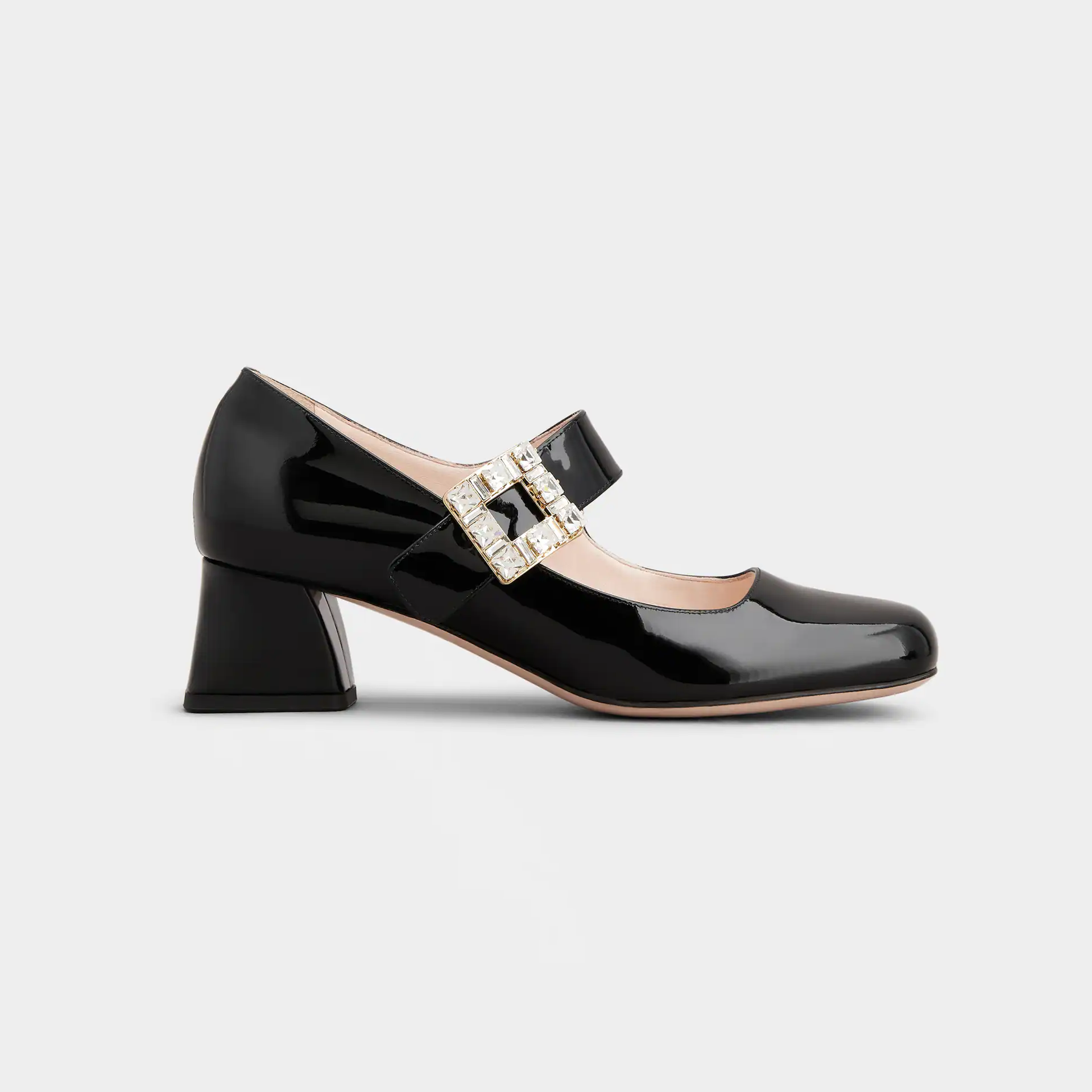 Roger Vivier Très Vivier Dasiy Mary Janes Em Couro Verniz Preto/Branco Com Fivela De Cristal (Altura Do Salto 4,5cm)