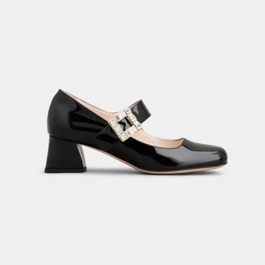 Roger Vivier Très Vivier Dasiy Mary Janes In Black/White Patent Leather With Crystal Buckle (Heel Height 4.5cm)