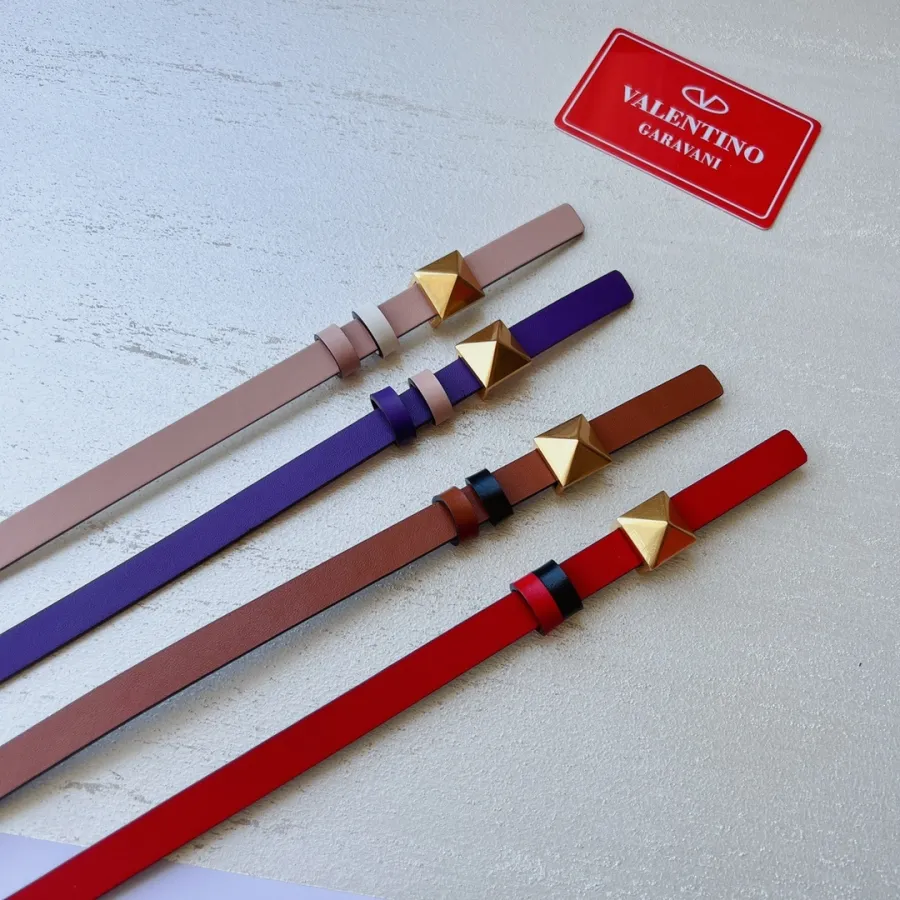 Valentino Rockstud Reversible Belt In Brown/Nude/Purple Calfskin With Gold Hardware 12mm