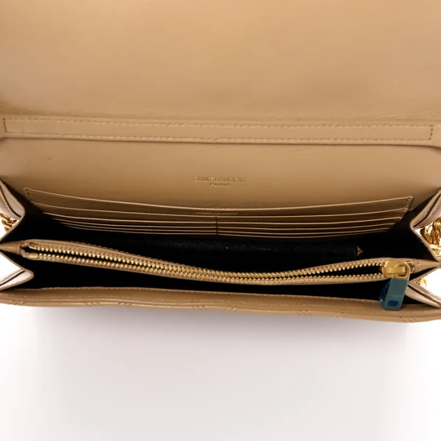 Saint Laurent Medium Becky Chain Wallet Natural Tan Diamond Quilted Lambskin Leather Gold Hardware