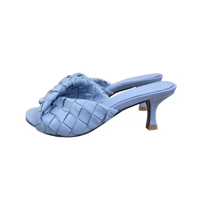 Bottega Veneta Blink Mule In Blue Intrecciato Leather Kitten Heel Mule (Heel Height 4.5cm)