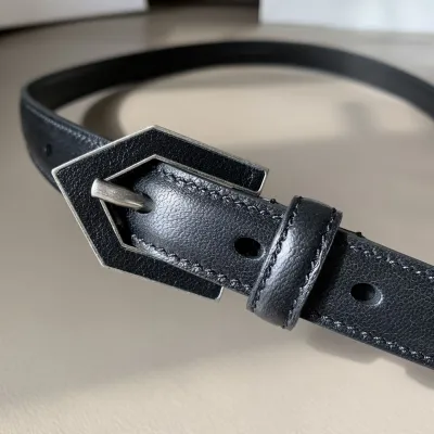 Saint Laurent Triangle Frame Buckle Thin Belt In Black/White Smooth Calfskin With Silver Hardware 20mm