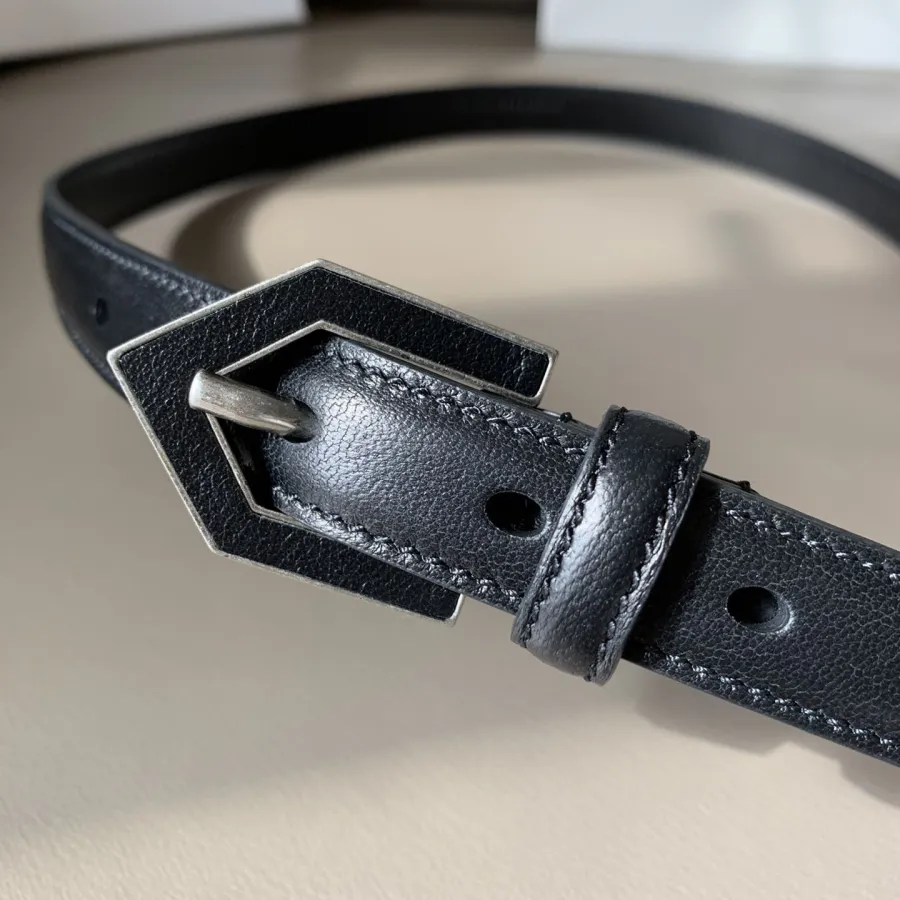 Saint Laurent Triangle Frame Buckle Thin Belt In Black/White Smooth Calfskin With Silver Hardware 20mm