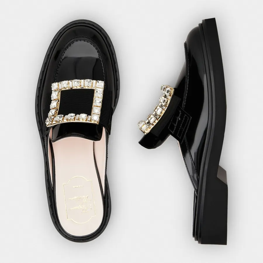 Roger Vivier Viv' Rangers Mules Loafers In Black Patent Leather With Crystal Buckle