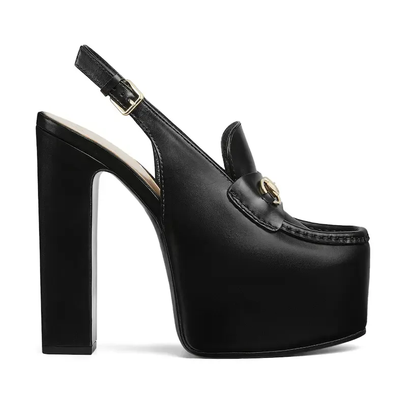 Gucci black thick soled rear lace up high heels
