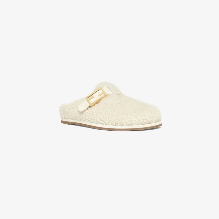 FENDI White sheepskin flats slippers